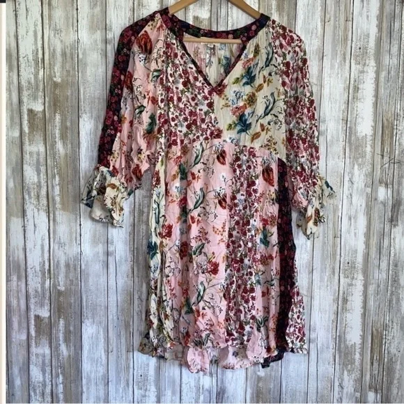 Umgee Hippie Dippie Boho Mixed Print Peasant Dress - Picture 2 of 7